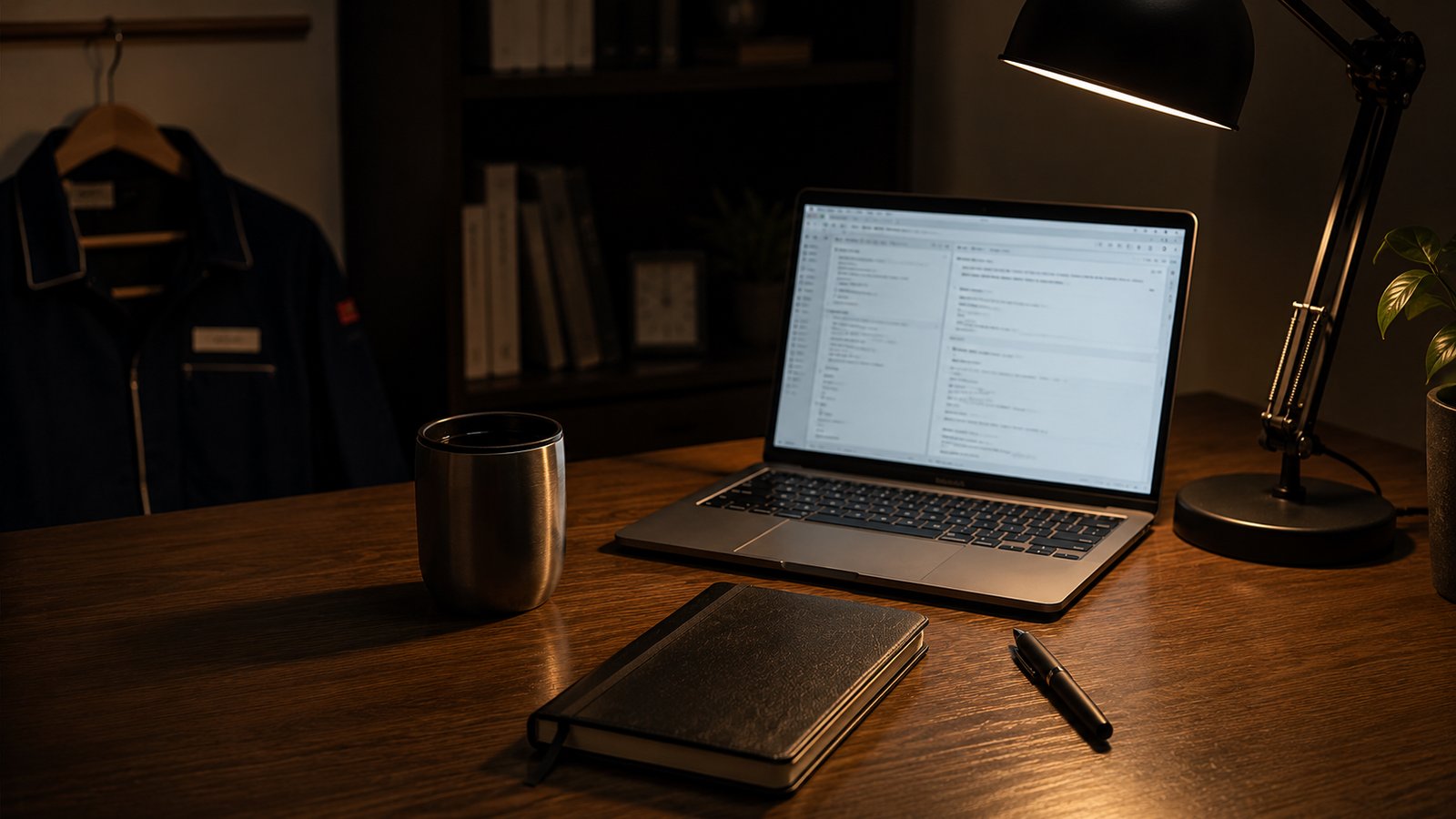 タカの夜の書斎・MacBookとノート・販売店制服が壁にかかる副業時間