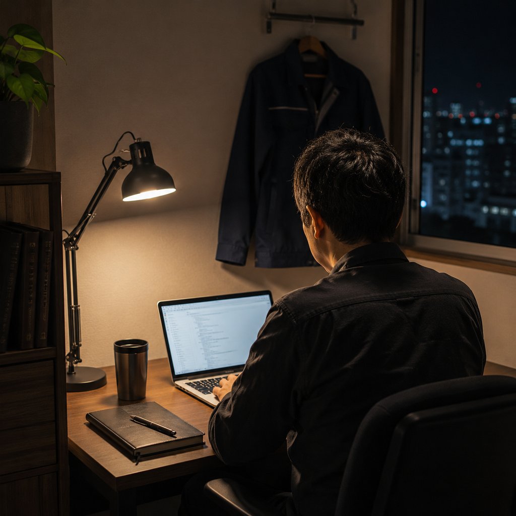 タカの夜の書斎・MacBookに向かう42歳販売職副業者の後ろ姿（プロフィール画像）