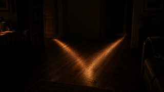 暗い部屋の床に、ドアから差し込む光がV字に二手に分かれて伸びている