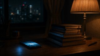暗い机の上で、冷たい光を放つスマートフォンと、暖色のランプに照らされた積まれた本の対比