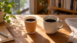 紙コップと陶器マグのコーヒー