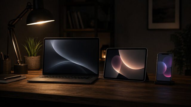 夜の木製デスクに置かれたノートパソコン・タブレット・スマートフォンの3台