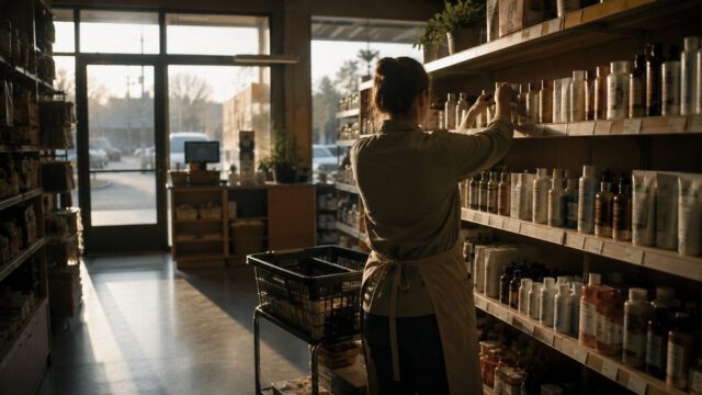 朝の店内の通路で棚に品出しをする店員の後ろ姿