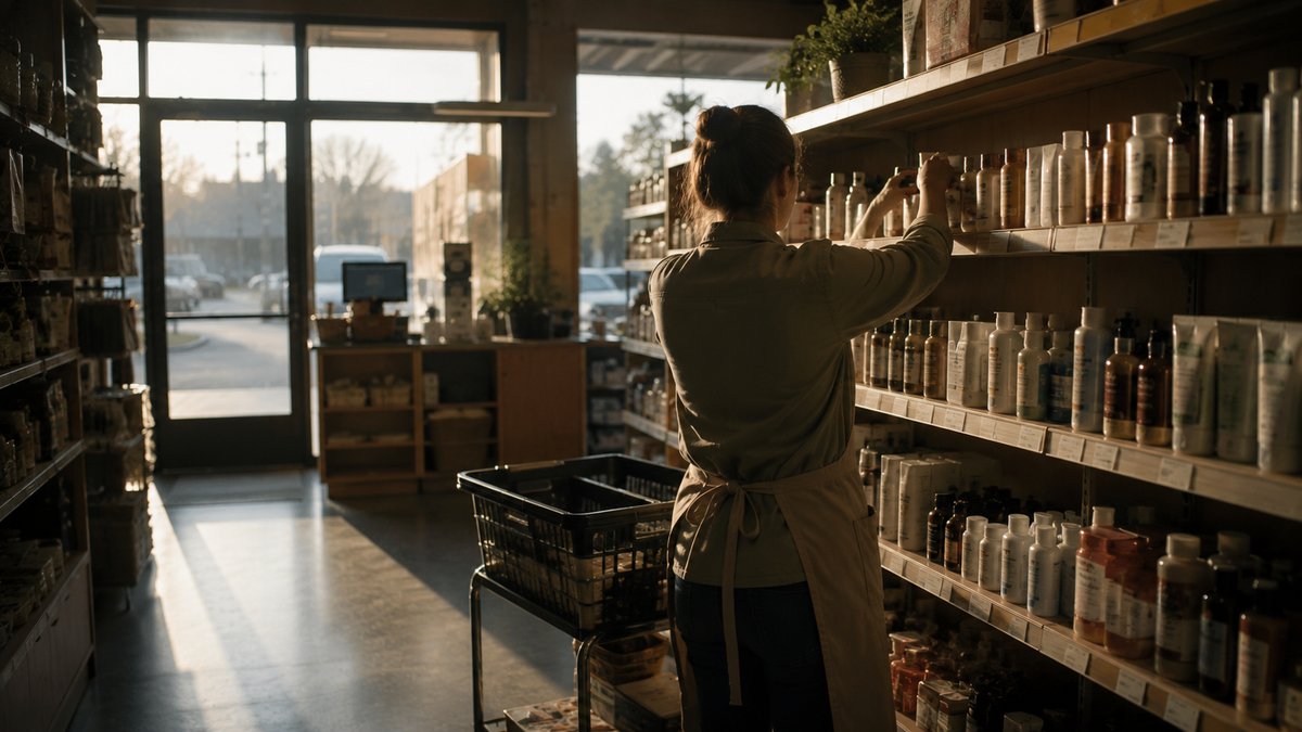 朝の店内の通路で棚に品出しをする店員の後ろ姿