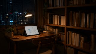 夜の書斎とタブレット