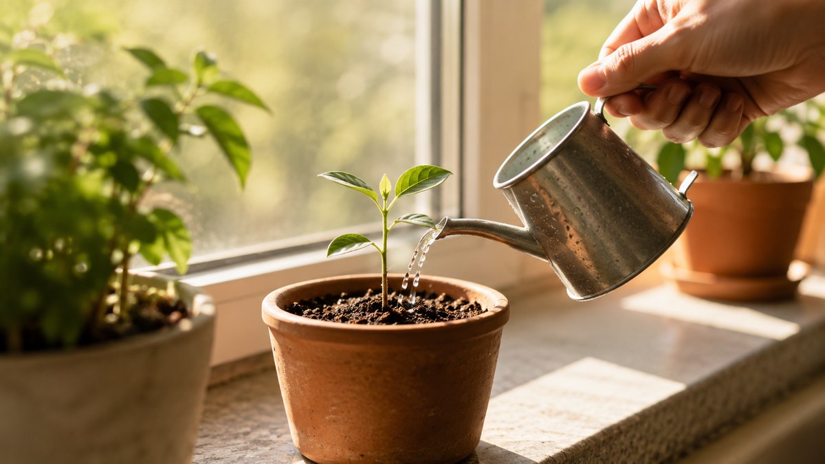 窓辺で芽の出た鉢植えに水をやる手。収益0円でも続ける副業のイメージ
