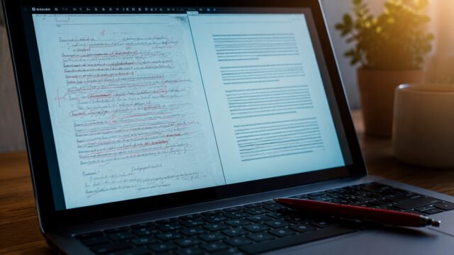 ノートPC画面に映る赤入れ前の下書きと整った文章。記事リライトのイメージ