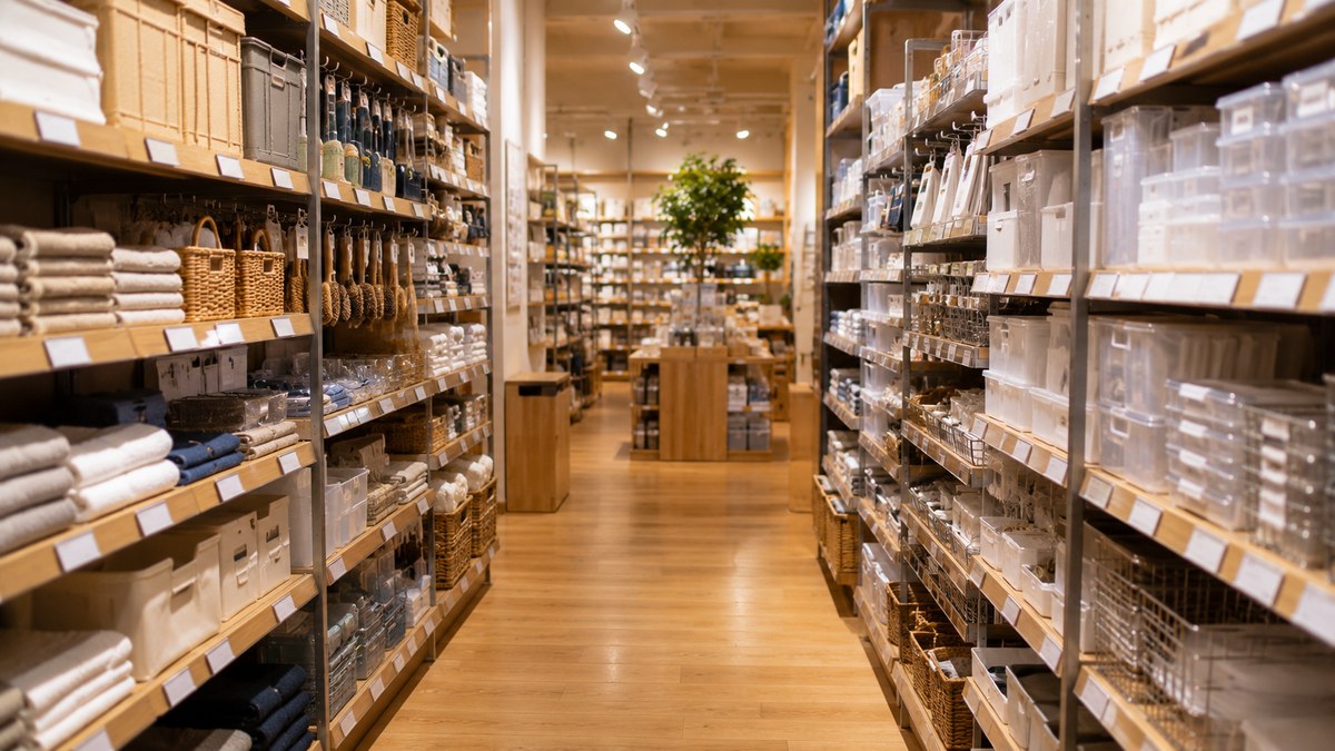 商品が整然と並ぶ販売店の通路。ネタ源になる販売職の現場のイメージ