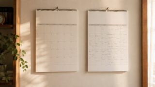 壁に並ぶ2ヶ月分のカレンダー。5月の方が書き込みが多い週報のイメージ