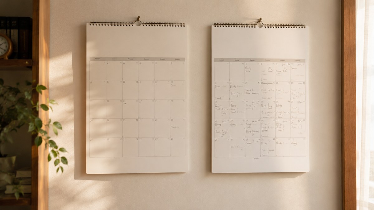 壁に並ぶ2ヶ月分のカレンダー。5月の方が書き込みが多い週報のイメージ