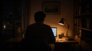 夜の書斎でノートPCに向かう40代男性の背中。辞めたい気持ちと向き合う夜のイメージ