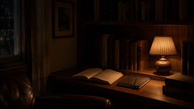 夜の書斎で、本棚の前に開かれた一冊の本とランプ、ノートとペン