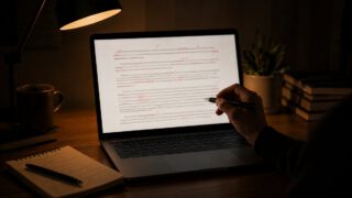 夜のノートパソコン画面に赤い校正の書き込みと手元