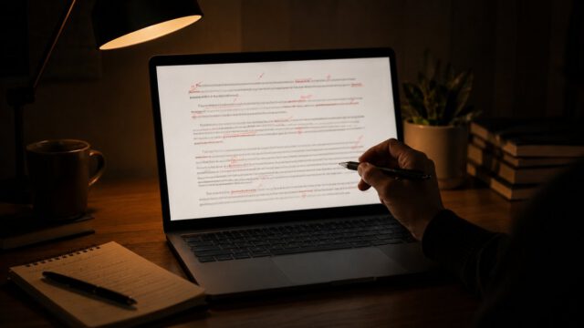 夜のノートパソコン画面に赤い校正の書き込みと手元