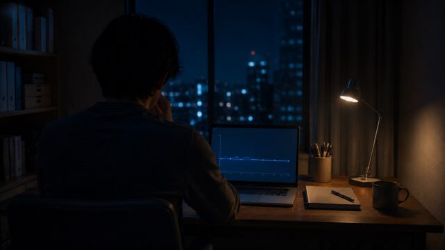 夜のデスクでグラフを見る後ろ姿