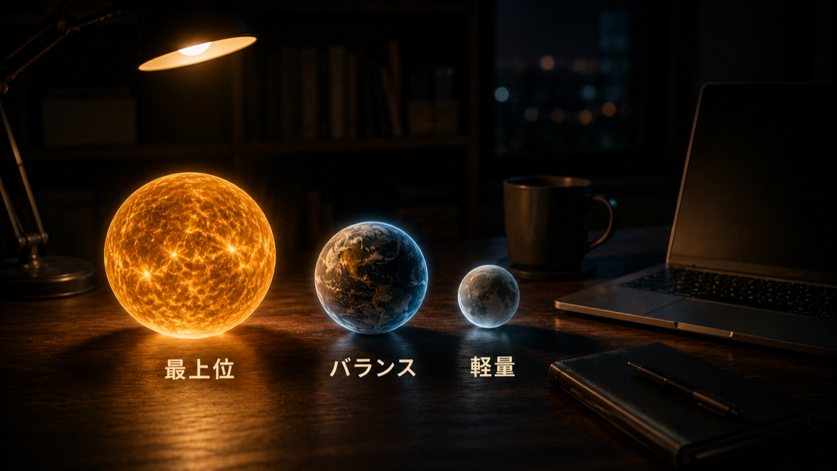 ChatGPT 5.6の3つのモデル。太陽が最上位Sol、地球がバランスTerra、月が軽量Luna