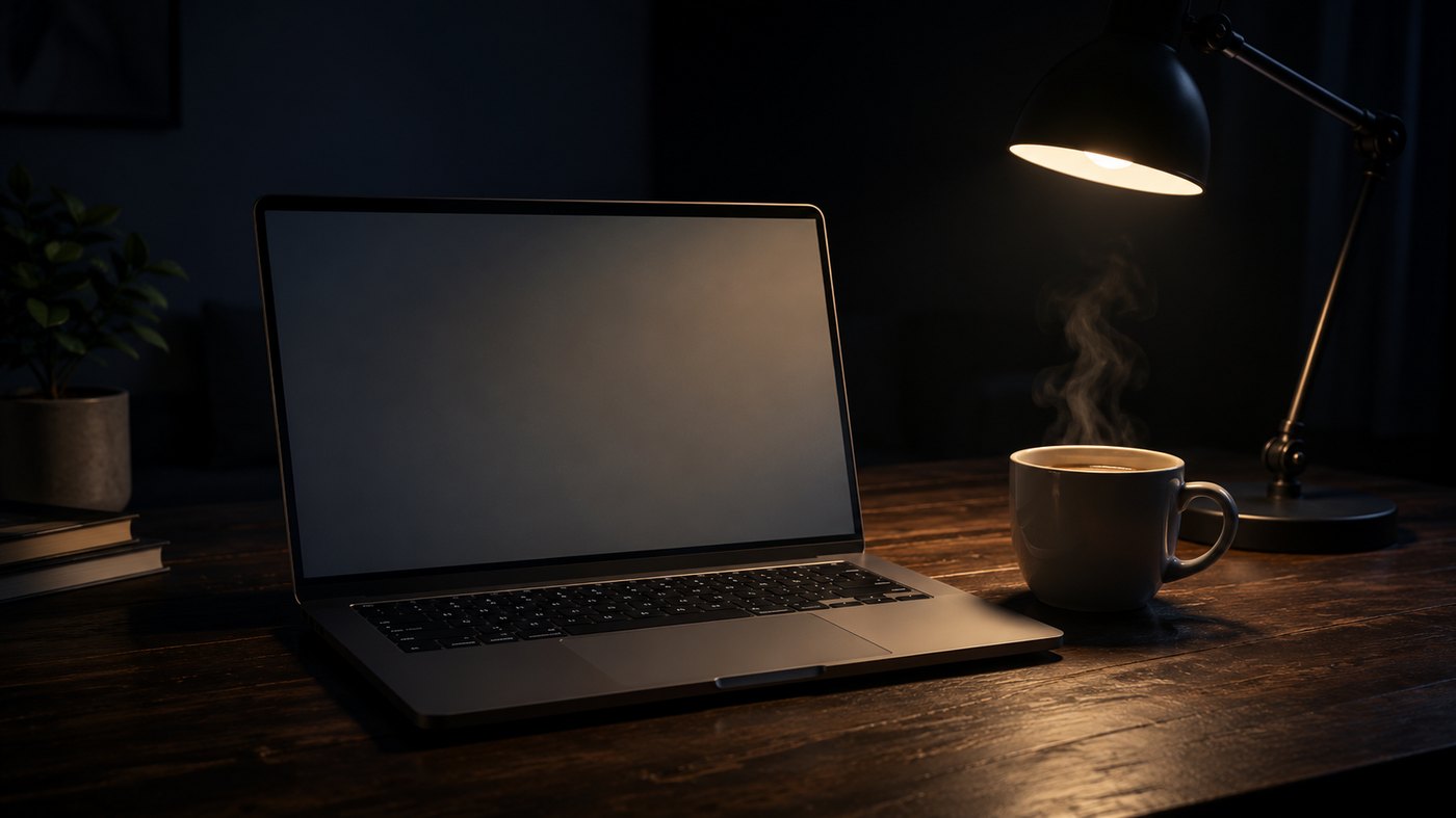 夜の木製デスクで暖色ランプに照らされた開いたノートPCと湯気の立つコーヒー