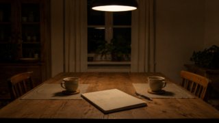 夜の食卓で向かい合う2つのカップとノート