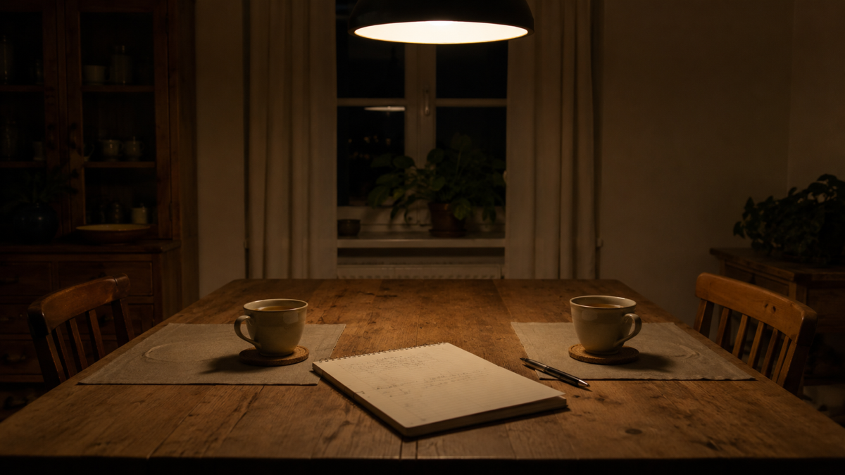 夜の食卓で向かい合う2つのカップとノート