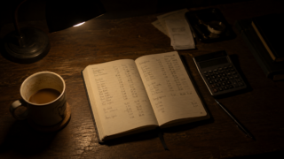 夜の机に広げた家計簿のノートと電卓とコーヒー