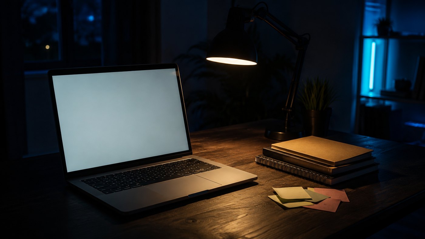 夜の書斎の木製デスクに置かれたノートPCと積まれたノート、暖色の卓上ランプの光