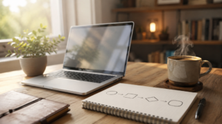 ブログ開設の4ステップを描いたノートと、朝の光が差す机の上のノートパソコンとコーヒー