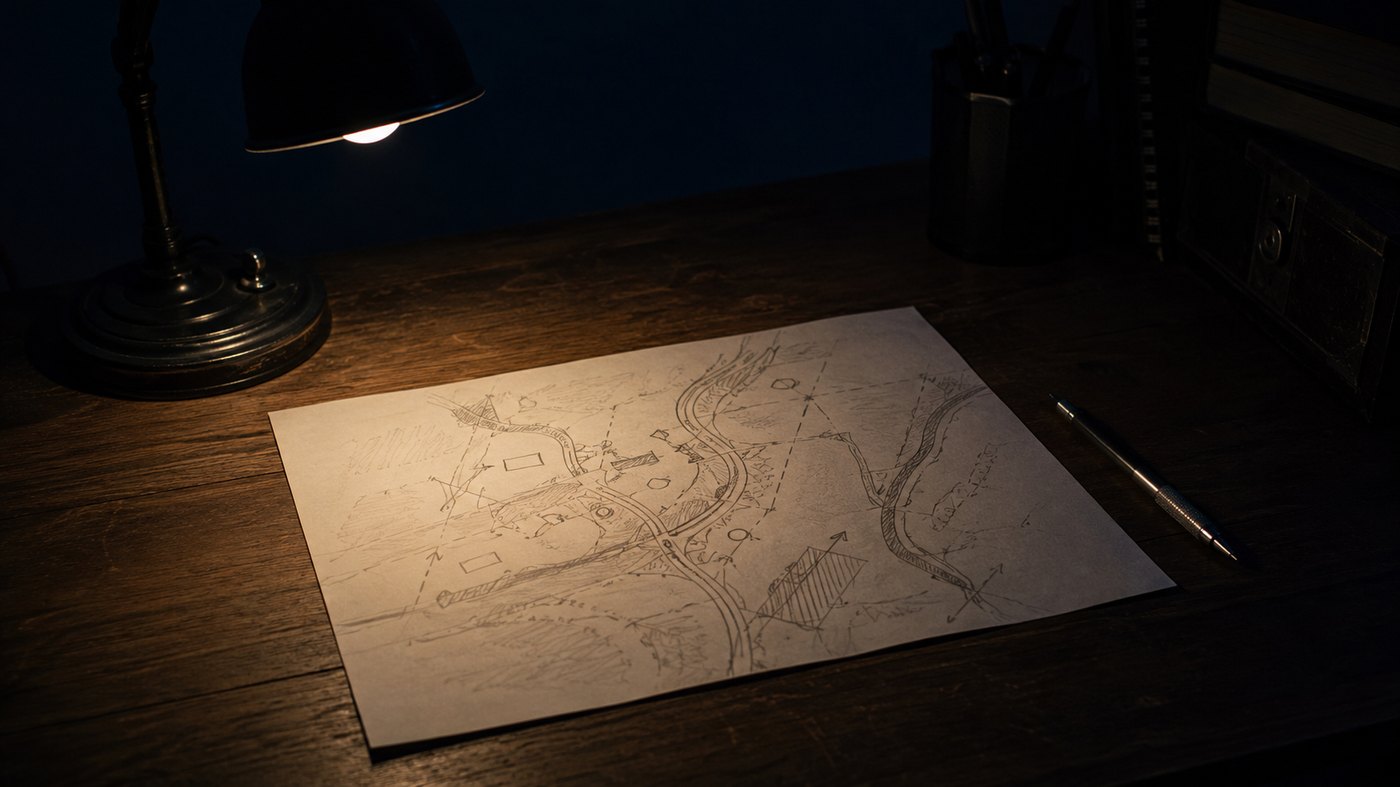 夜の木製デスクの上で暖色のランプに照らされた手描きの地図と鉛筆