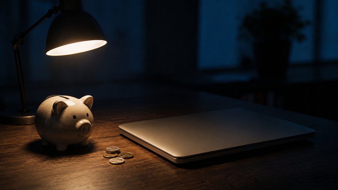 夜の木製デスクに置かれた白い貯金箱とコイン、閉じたノートPC、暖色の卓上ランプ