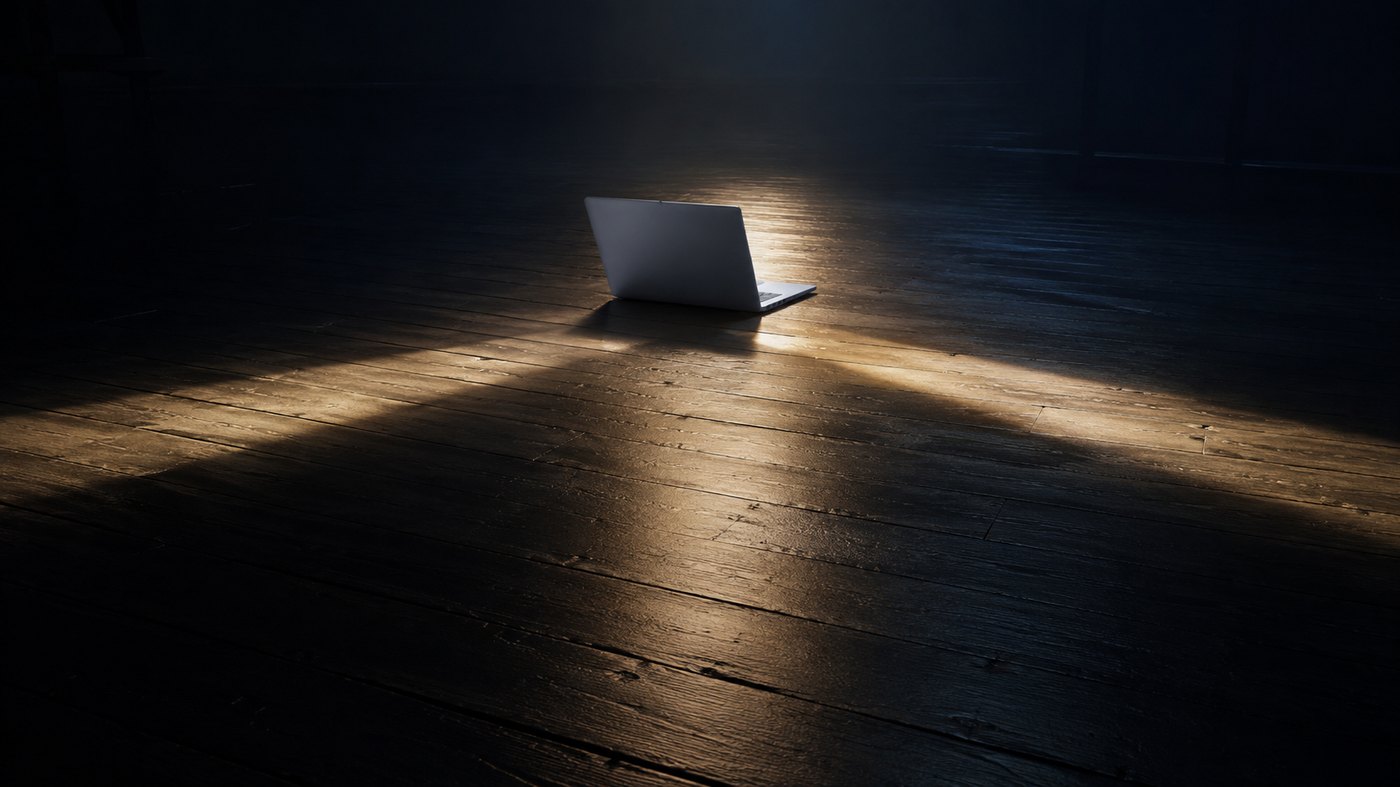 暗い木製の床の上に置かれたノートPCと、複数の筋になって差し込む暖色の光