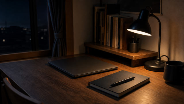 ブログ記事の振り返りをする夜の書斎机