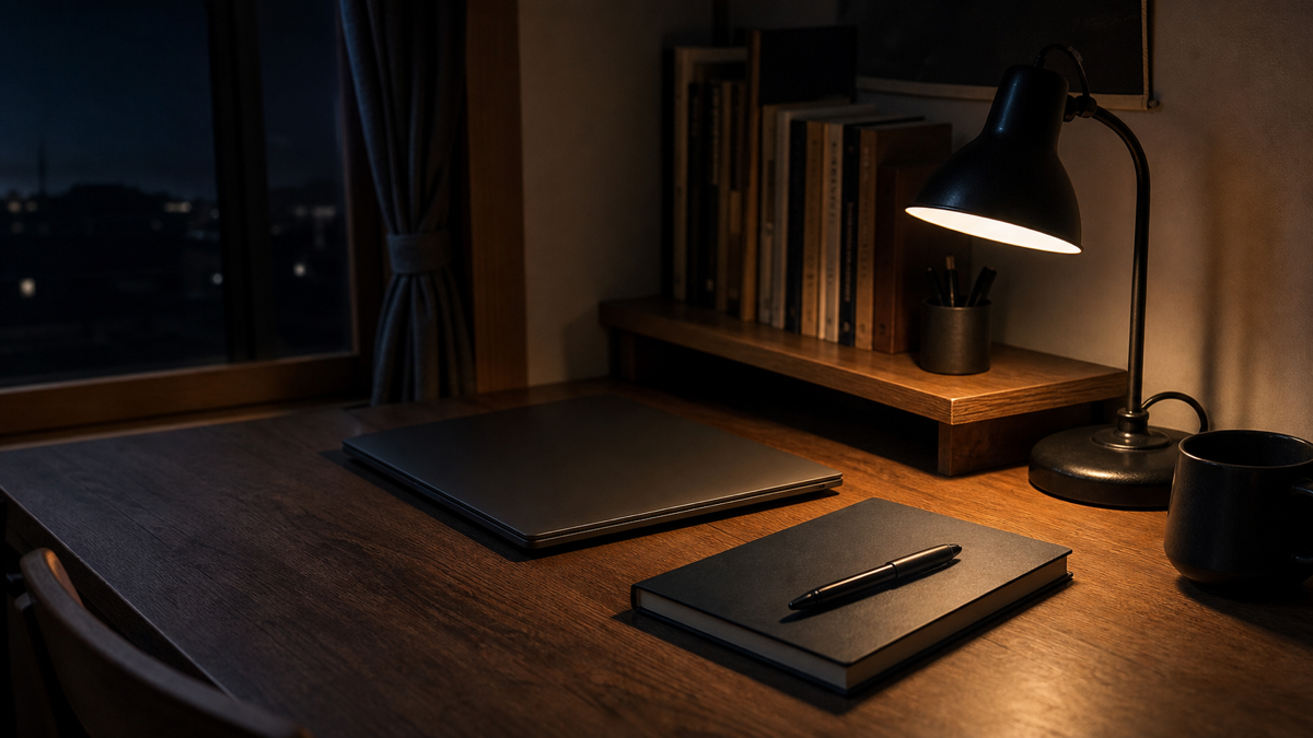 ブログ記事の振り返りをする夜の書斎机