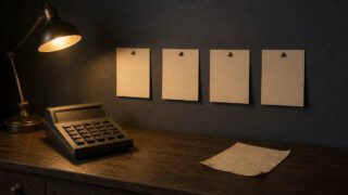 暗い書斎の壁にピンで留められた4枚の無地の紙。机の上には電卓と、剥がれ落ちた古い紙が1枚置かれている