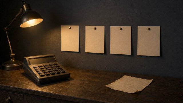 暗い書斎の壁にピンで留められた4枚の無地の紙。机の上には電卓と、剥がれ落ちた古い紙が1枚置かれている