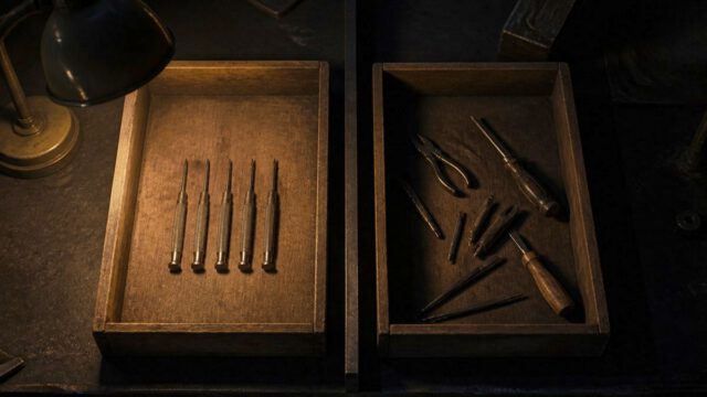 作業台に並んだ2つの木箱。左の箱は同じ形の道具が5本きれいに整列し、右の箱には形の違う道具がばらばらに入っている