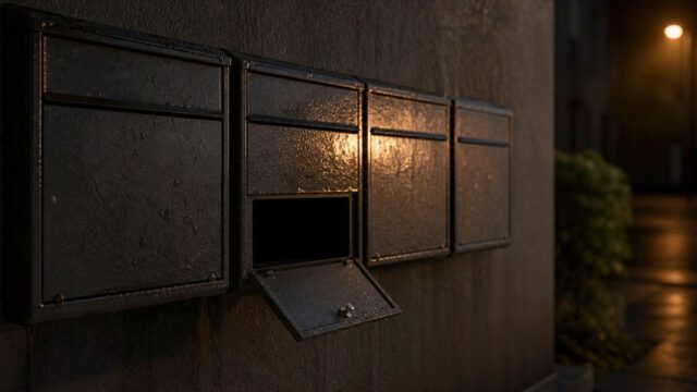 雨に濡れた夜の集合ポスト。並んだ扉のうち1つだけが開いていて、中は空になっている