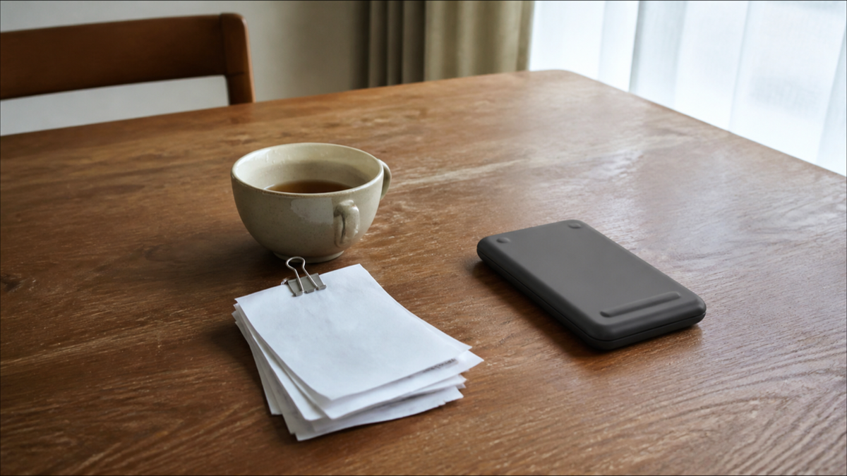 昼の食卓に置かれた、クリップでまとめた紙の束と裏返した電卓