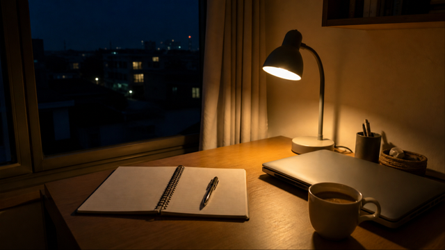 夜の書斎の机。開いたノートとペン、閉じたノートパソコン