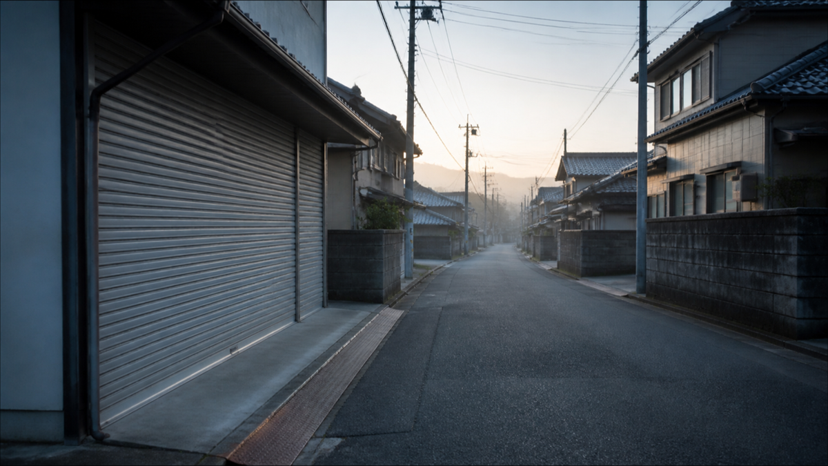 早朝の地方の住宅街。閉まったシャッターと、朝もやの続く道